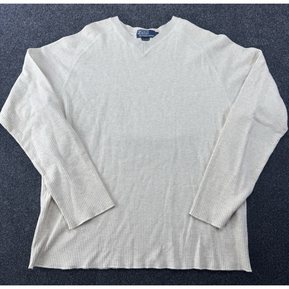 VTG Polo Ralph Lauren Ribbed Cotton Sweater M Beige Cream Knit Long Sleeve
